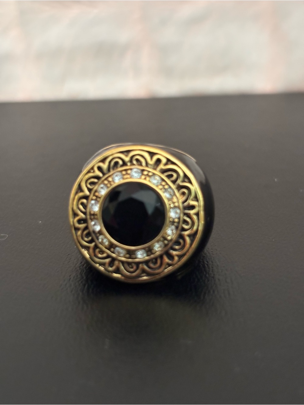 Gold-Tone Filigree Ring with Black Center Stone